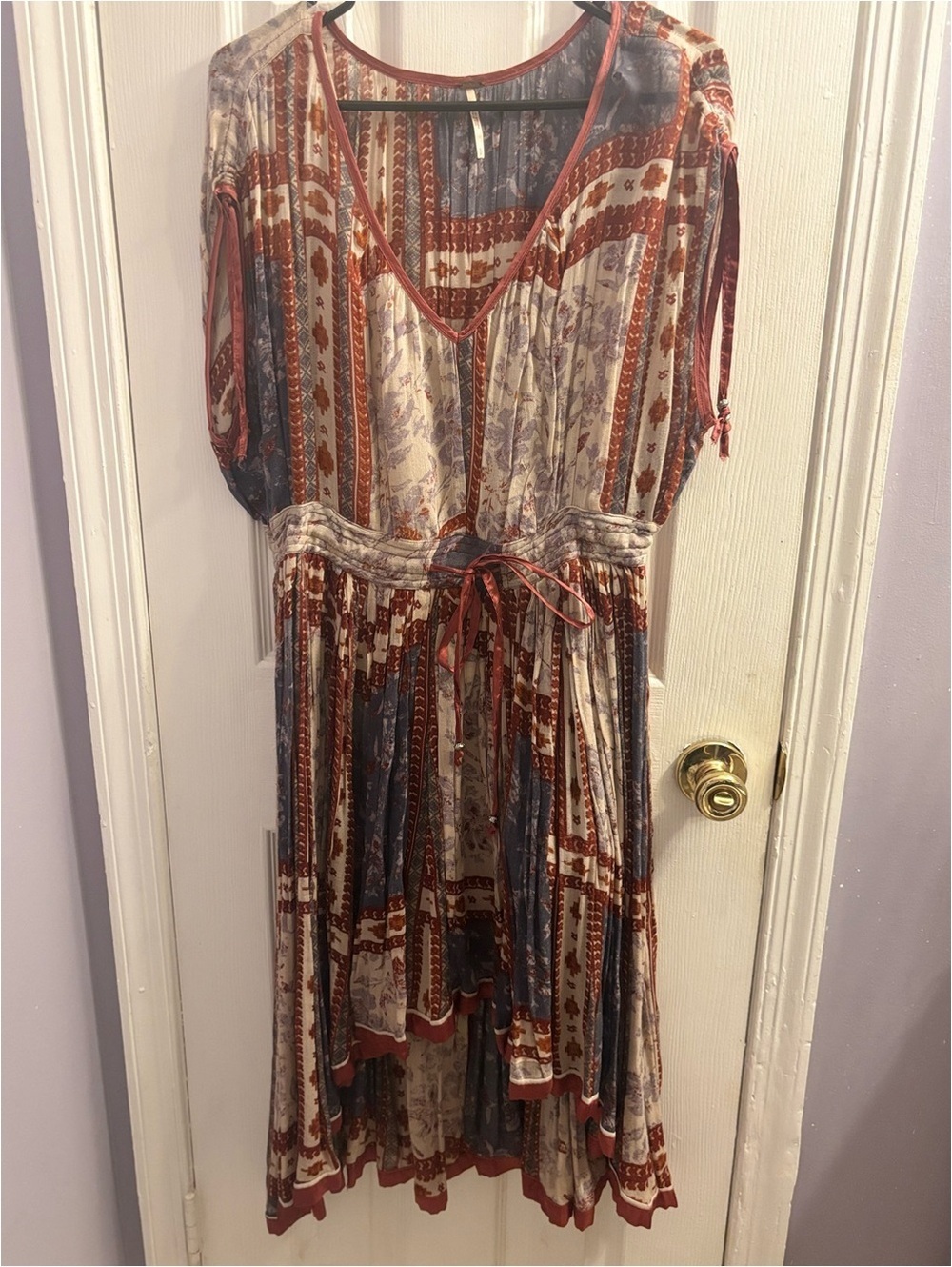 Bohemian V-Neck Printed Midi Dress in Rust and Blue